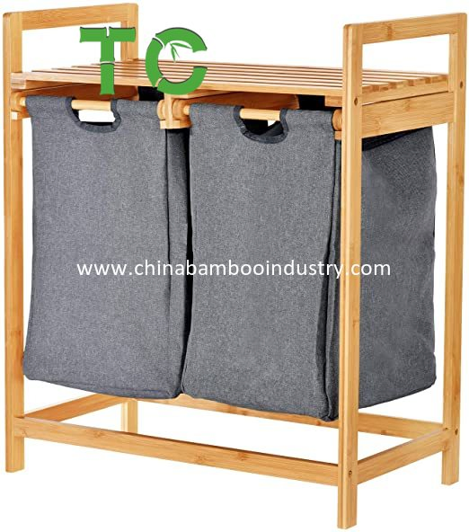 Wholesale Bamboo Laundry Hamper and Shelf 2 Sections Laundry Basket with Removable Sliding Liners Laundry Hamper Sorter
