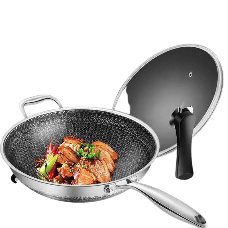 Kitchenware Honeycomb Stainless Steel Nonstick Coating Griddle Wok with Glass Lid