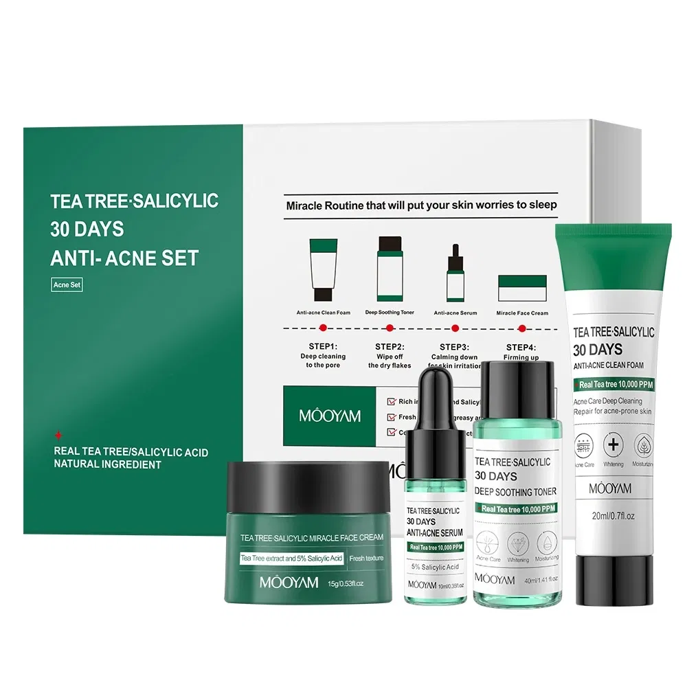 30 Days Anti-Acne Tea Tree Salicylic Acid Skin Care Set Facial Cleanser Toner Serum Face Cream Oil