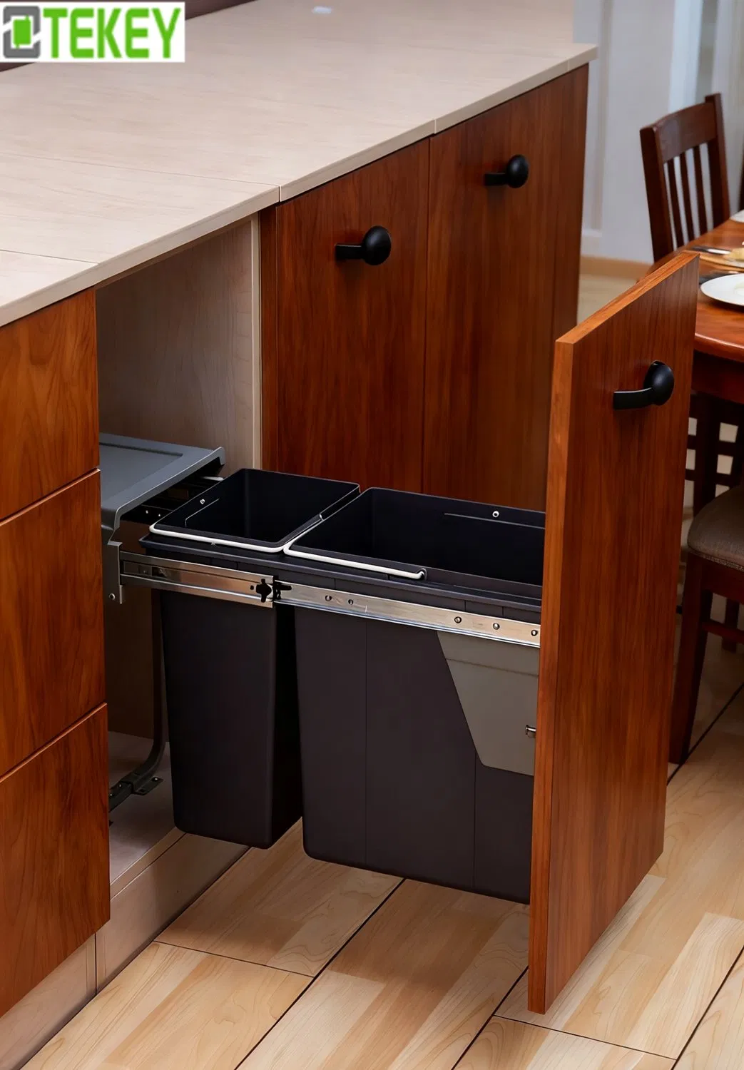 Tekey Cabinet Pull out Drawer Plastic Storage Basket Double Under Sink Can Pull-out Storage Recycle Bin Cabinet Household Hidden Kitchen Trash Waste Bin