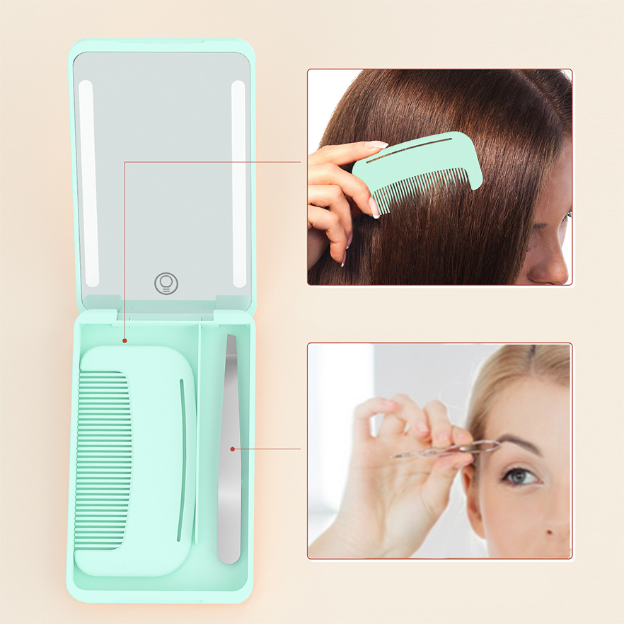 Custom Makeup Box Travel Organizer Makeup with LED Light Mirror Folding Mirror Fashion Mirror Comb Set
