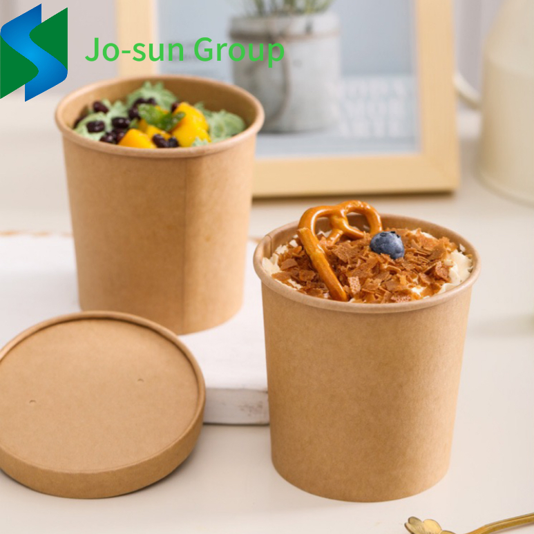 Jo-Sun Takeout Packaging Box Disposable Food Grade Noodle Bowl Kraft Soup Cups Paper Bucket with Lid