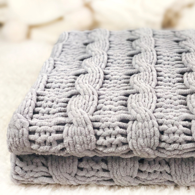 Ultra Soft Gray Woven Acrylic with Polyester Chenille Stripe Throw Blanket with Bag