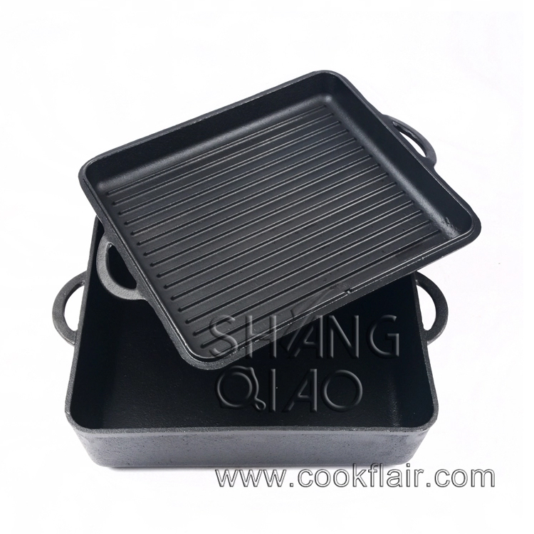 Factory Direct Supplier Cast Iron Multi-Functional Pre-Seasoned Square Camping Dutch Oven with Skillet Lid