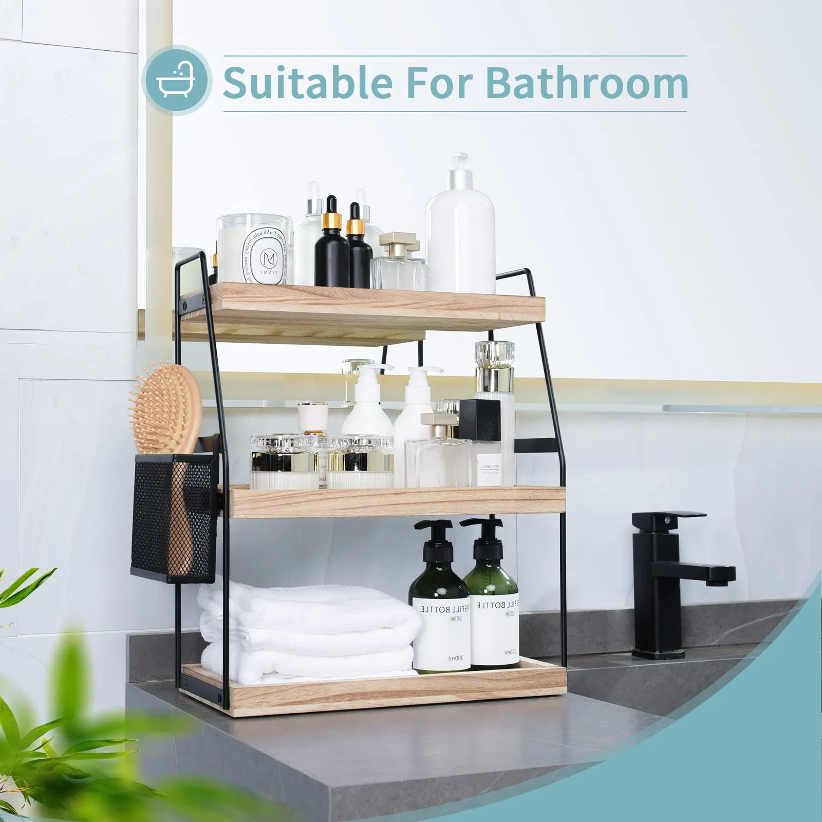 Bathroom Organizer Countertop 2-Tier Standing Counter Wood Tray for Kitchen Vanity Organizer