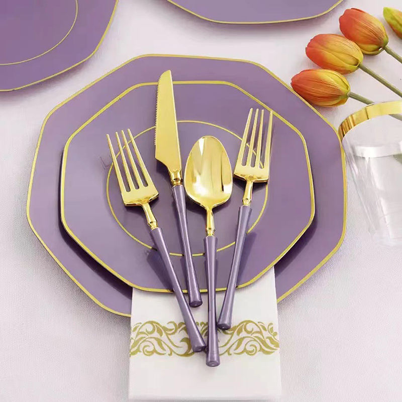 Small Waist Design Handle Wedding Custom Birthday Party Cutlery Set Black Golden Restaurant Plastic Custom Cutlery Set