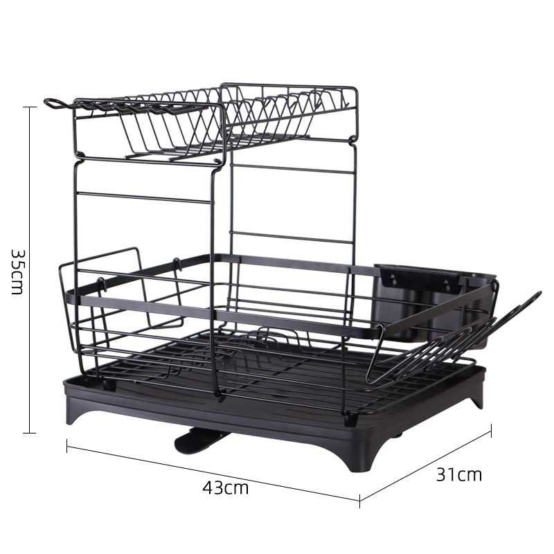 Kitchen 2 Tier Plate Dish Drying Drainer Rack Storage Holder Pantry Organizer Rustproof Metal Wireframe Dish Rack with Drain Pipe