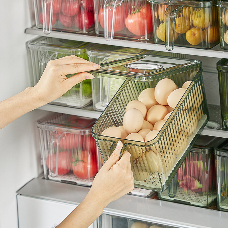 Fridge Organizer with Freshness Timer Lid, Stackable Refrigerator Organizer Bins with Front Handle and Drain Tray, BPA-Free Clear Plastic Food Storage Bins