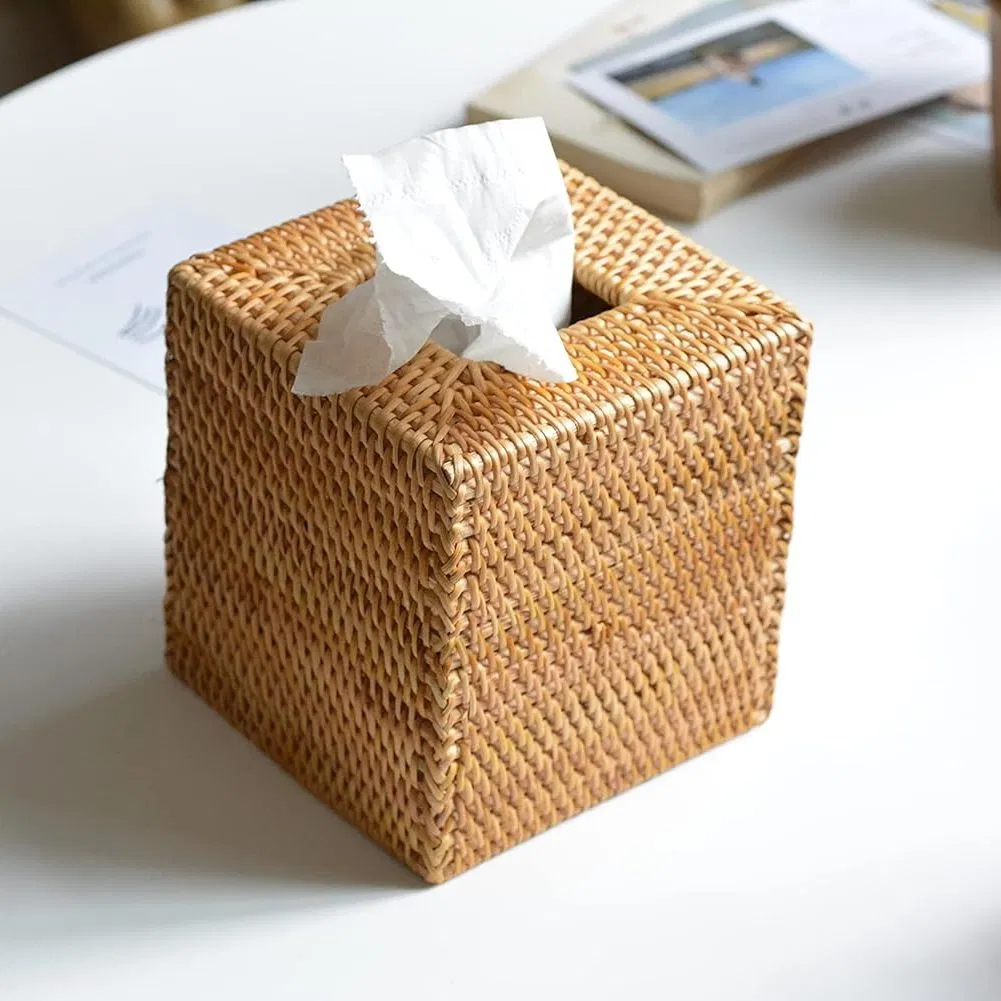 Natural and Environmentally Friendly Rattan Handmade Woven Willow Tissue Box Cover Square