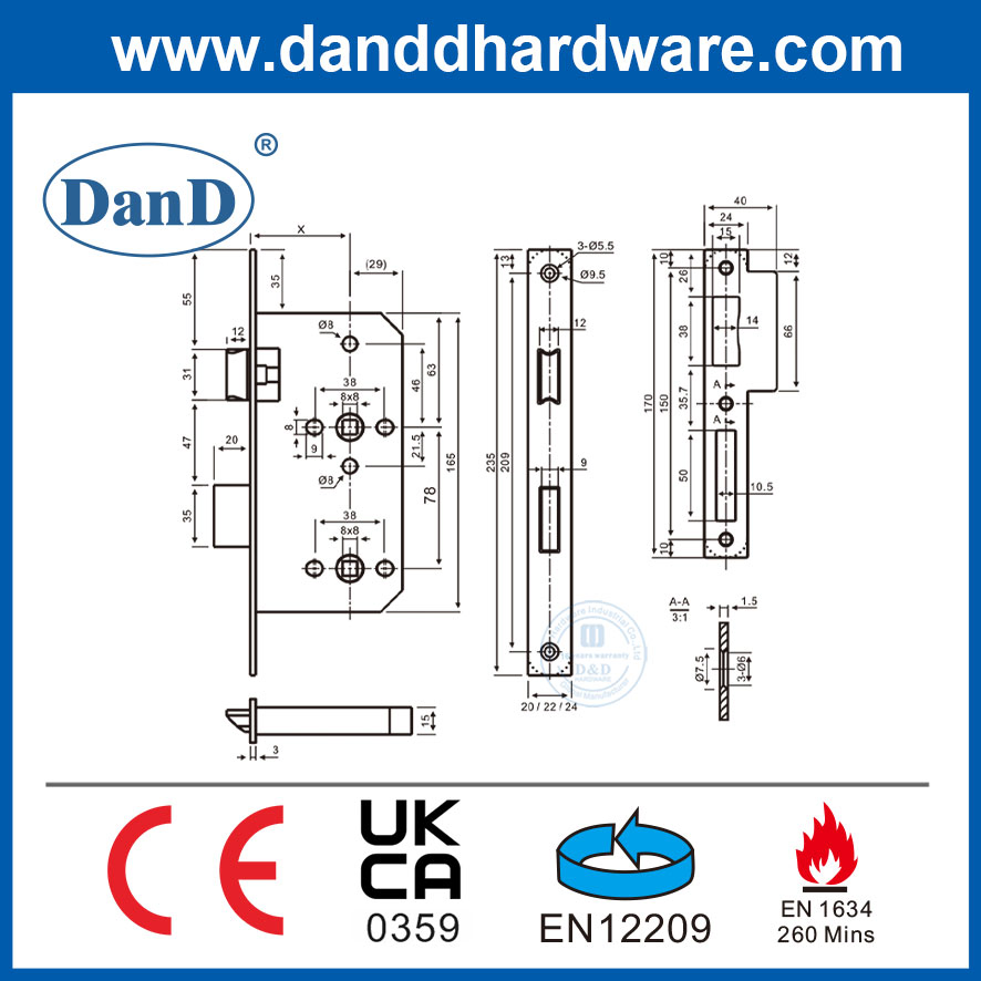 CE En12209 Fire Rated Door Mortise Lock European Standard with Cylinder SUS304