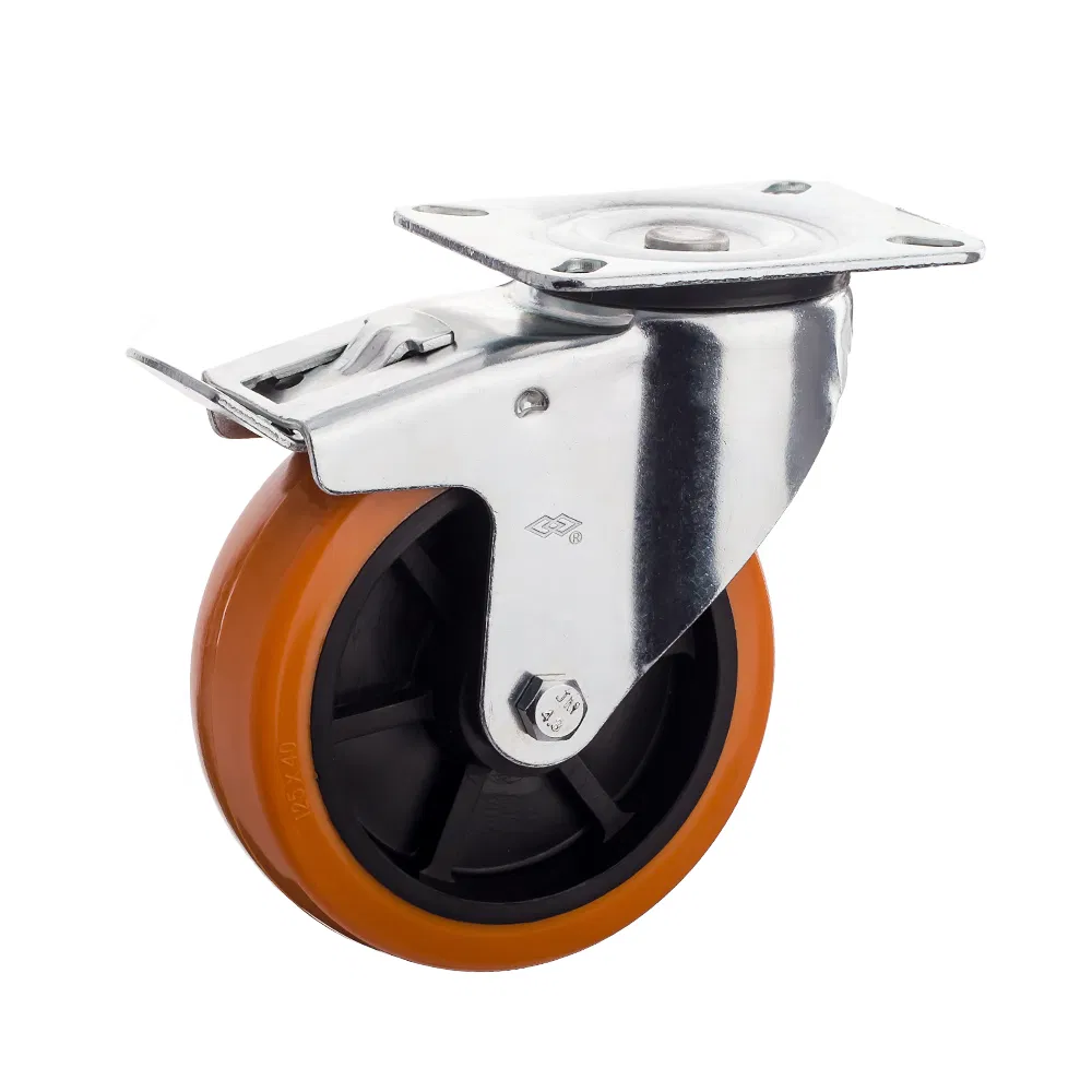 4 Inch Industrial Swivel Caster with Brake 100mm Polyurethane Wheel Tread Plastic Center Caster Wheel