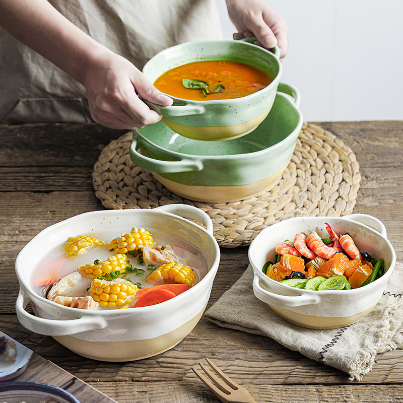 Ceramic Soup Bowl Double Ear Microwaveable Salad Pasta Noodle Bowl Household Tableware