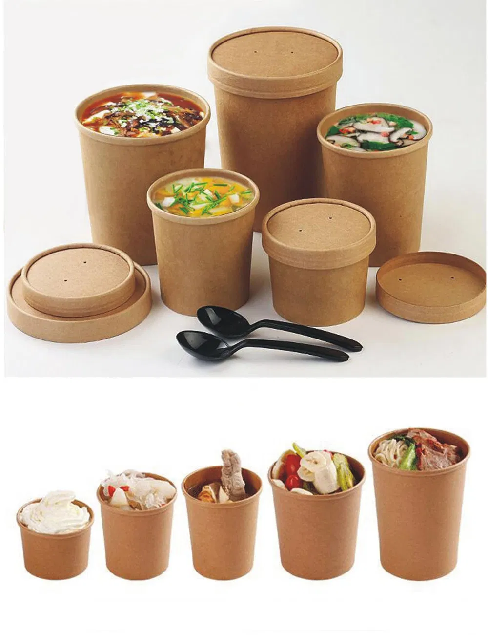 Hiro Disposable Food Container Kraft Paper with Paper Flat Lid