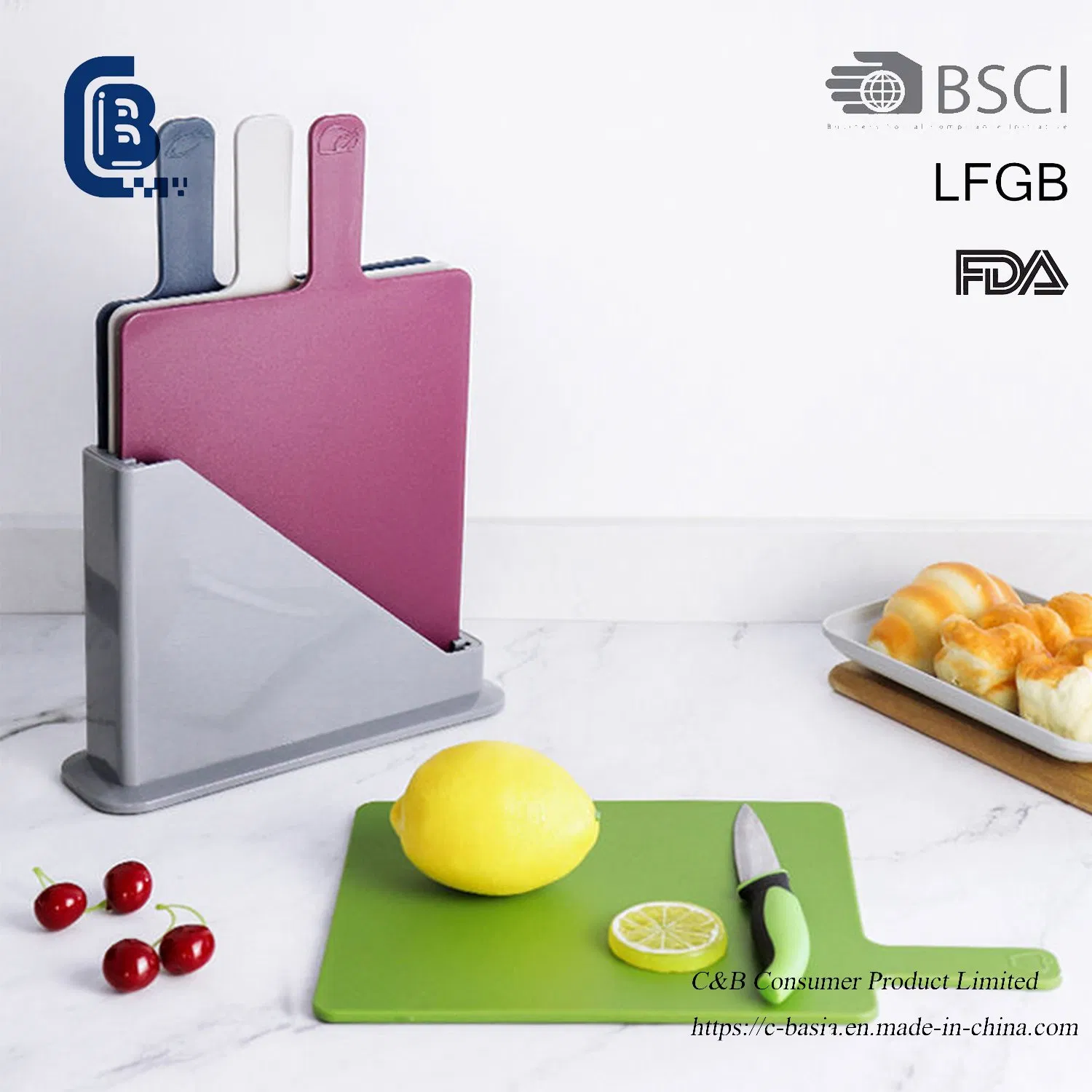 4PCS Index-Coded Plastic Cutting Boards - Color-Coded Chopping Boards with Stand