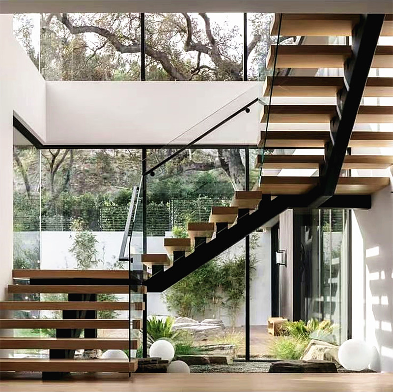 Modern Wooden Floating Hidden Cantilever Stairs Tempered Stringer Staircase with LED Light