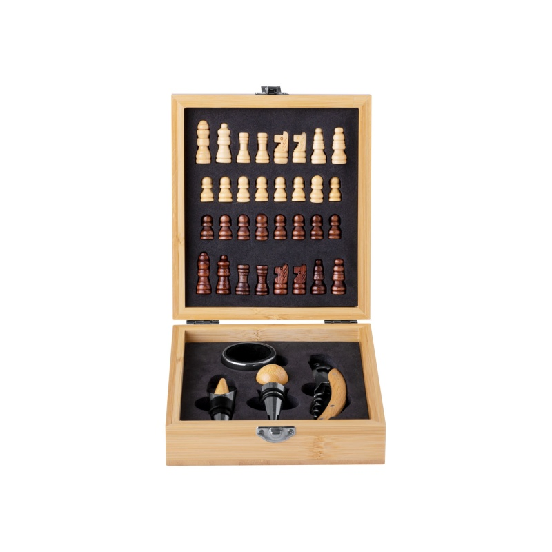 Bamboo and Stainless Steel Wine & Chess Set 2-in-1 Game and Wine Tool Gift Box