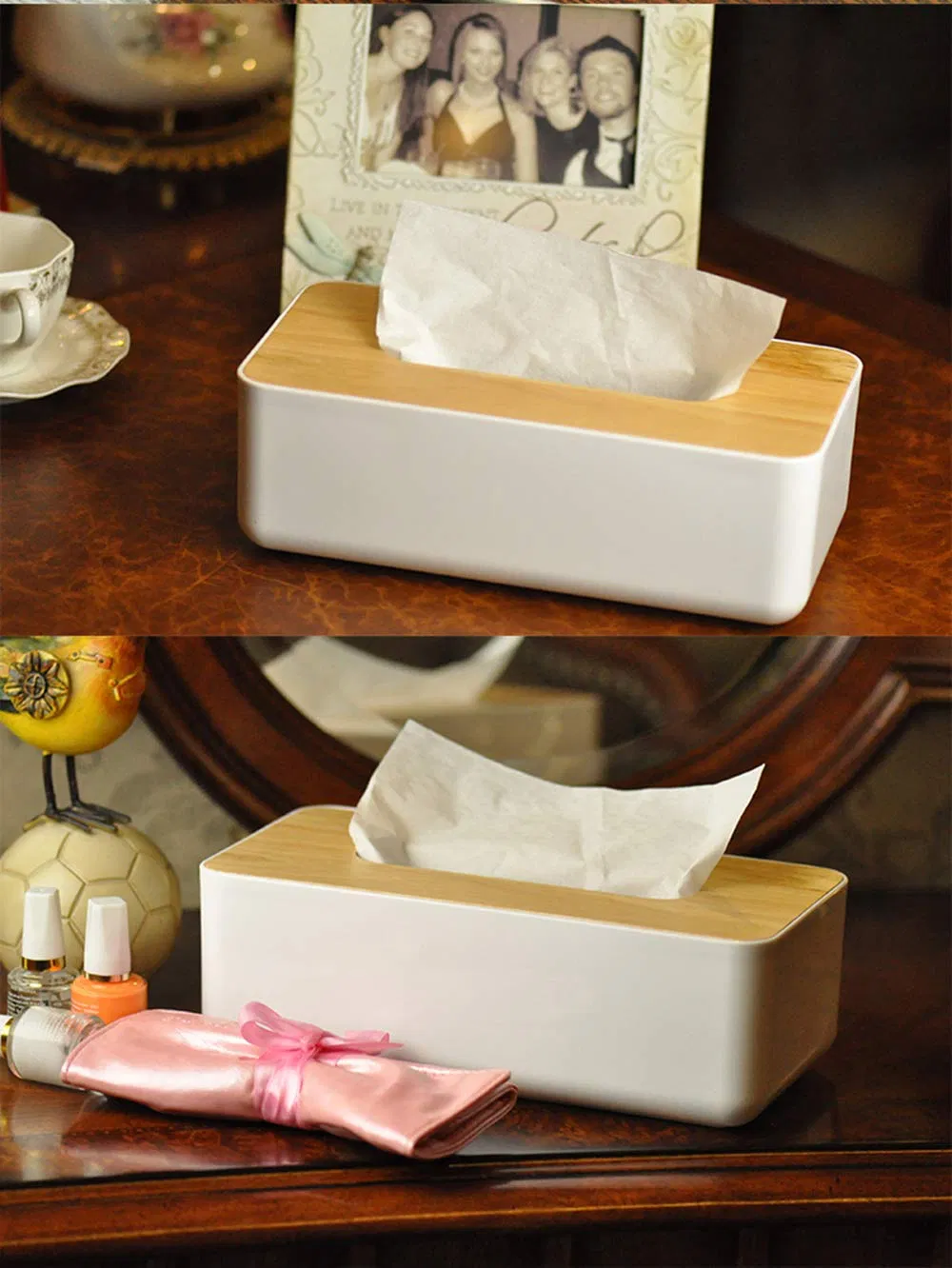 Basic Wood Cover Rectangular Storage Vanity Countertop Bedroom Tissue Box