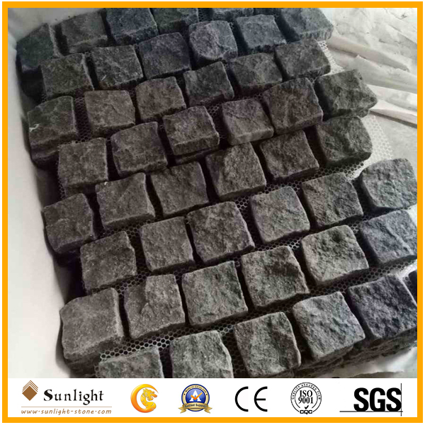 Natural Split G684 Black Basalt Cobblestone Paving Stone on Mesh