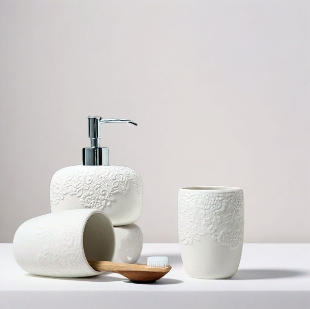 Bathroom Ceramic Toiletry Set 4PCS Dispenser Toothbrush Holder Tumbler Soap Dish