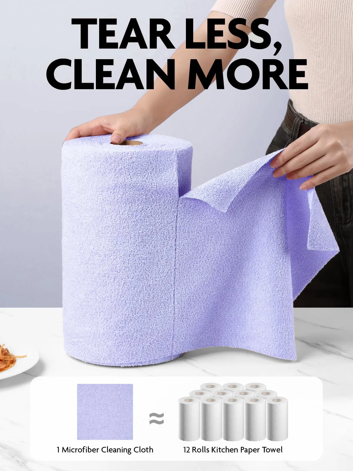 New Design 75 Pack Cleaning Cloth Paper Towel Roll Tear Away Microfiber Roll Cleaning Towels Washable Cloths for Car, House (Lavender)