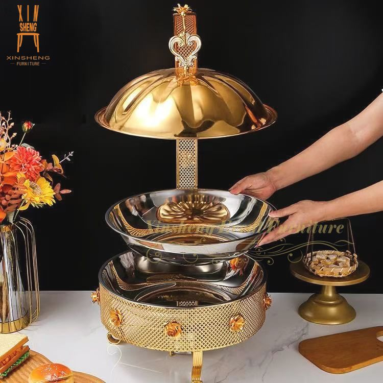 Hotel Furniture Round Stainless Steel Gold Food Warmer Chafing Dish Buffet Buffet Alcohol Stove Chaffing Dish for Restaurant