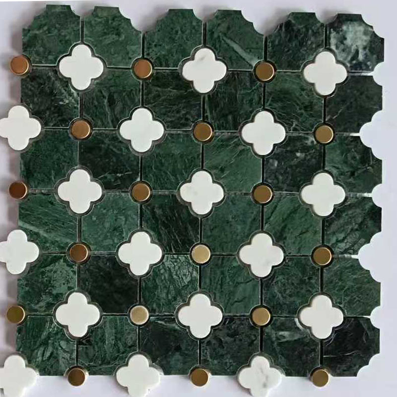 Waterjet Marble Flower Indian Green Mix White Brass Matel Dots Inlay Mosaic