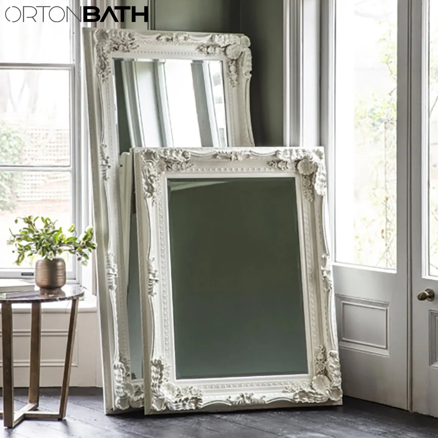 Ortonbath1 Antique PS Frame White Framed Bath Home Smart Wall Mounted Non-LED Mirror Bathroom Designer Art Mirror