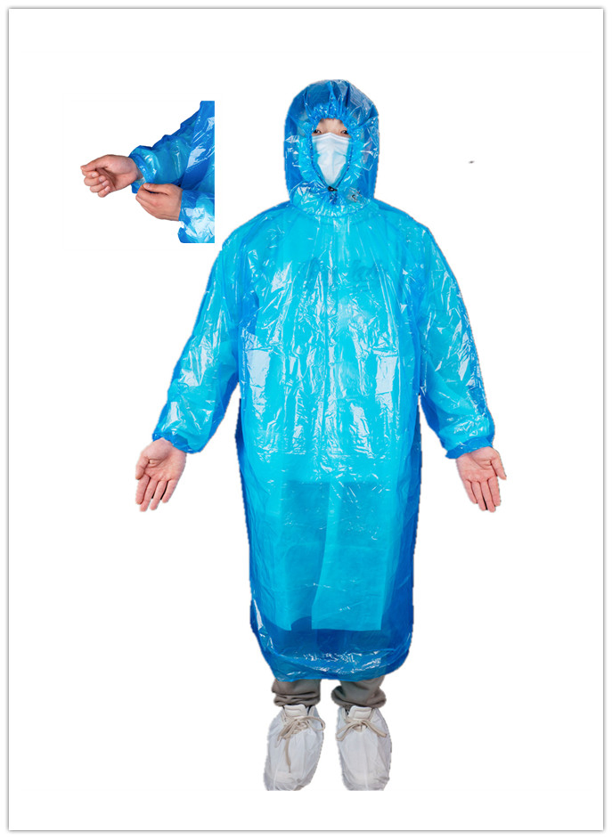 Tear-Resistance Disposable Use White/Clear Blue PE Raincoat with Black Drawstring Hood for Sale