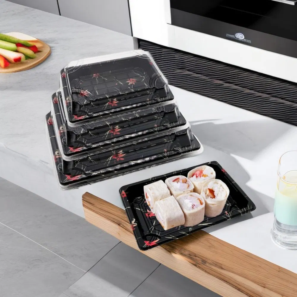 Hot Sales Black Sakura Printing Disposable Sushi Roll Food Packaging Food-Grade Plastic Take Away Desserts Food Container Rectangle Sushi Tray with Clear Lid