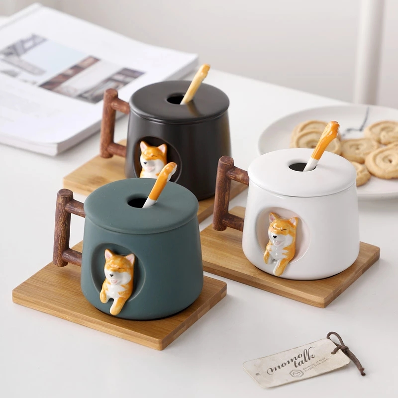 Creative Ceramic Personality Cute Mug with Lid Spoon Coffee Cup Shiba Inu Cup Gift