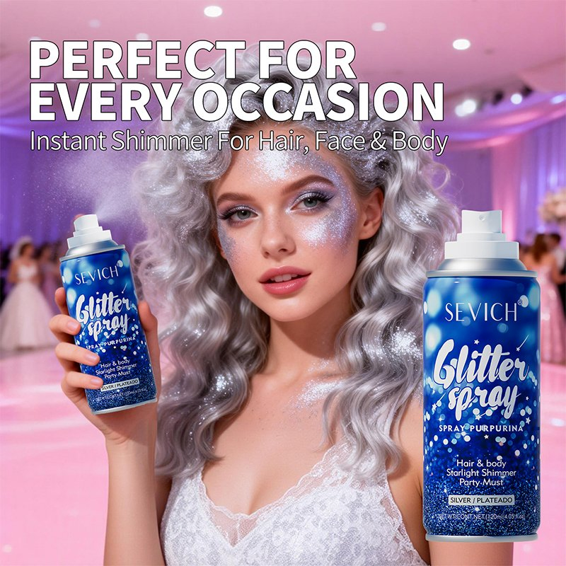 Private Label Glitter Powder Spray 120ml Hair Styling Silvery Highlighter Shiny Makeup Body Spray Glitter for Hair