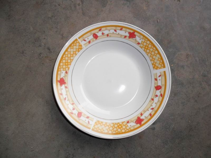 9"Soup Plate with Round Decal with Gold Line Porcelainware Ceramics Tableware