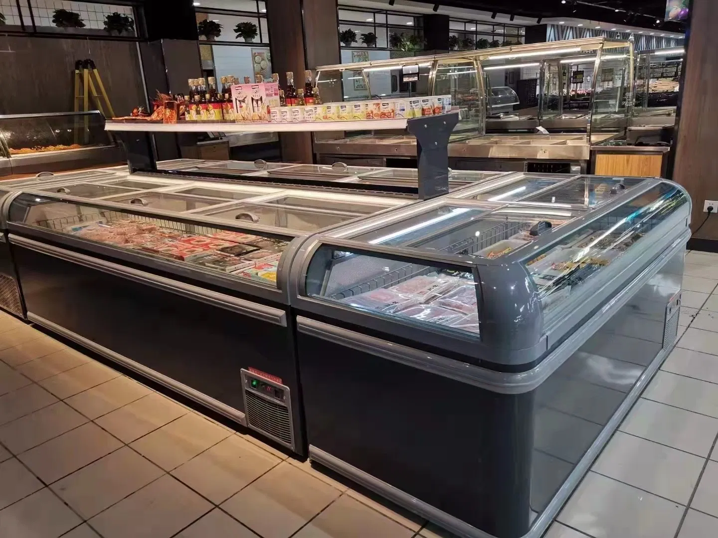 Commercial Supermarket Low-E Sliding Glass Door Display Chest Island Freezer Refrigerator Showcase