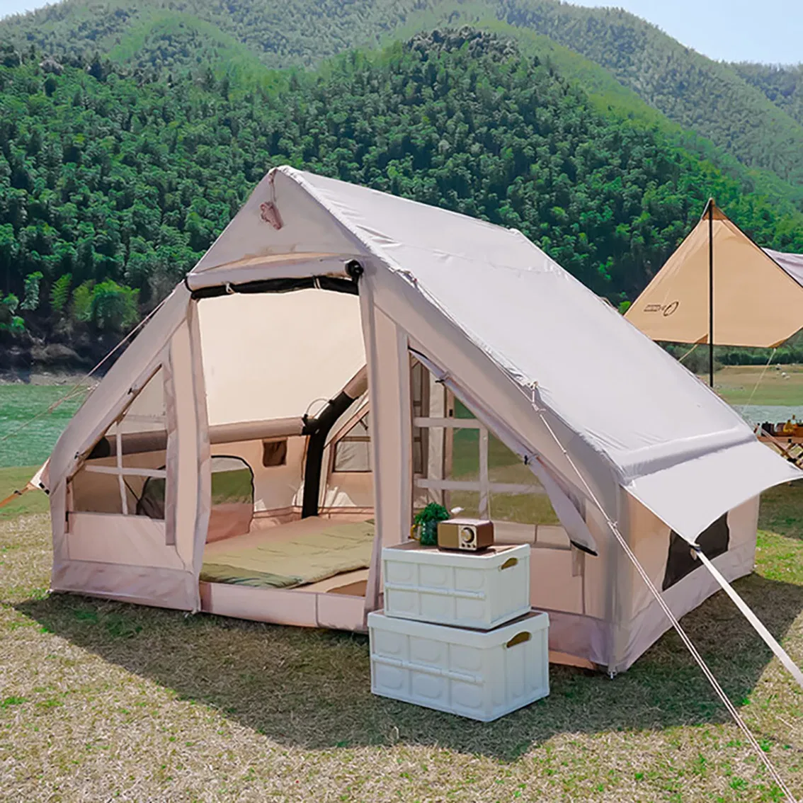 Oxford Hot Tent for Camping, 2/3/4/6/8 Person Large Inflatable Tents W/Detachable Canopy, 4 Season Waterproof Tent for Hike Backpacking, Stove Jack AC Port,