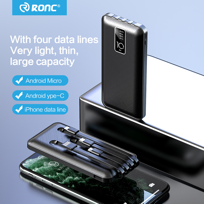 Fast Charging 10000mAh Power Banks Charger Built-in Micro USB/Type-C/Lighting/ USB 4 in 1 Cable Portable Mobile Power Bank