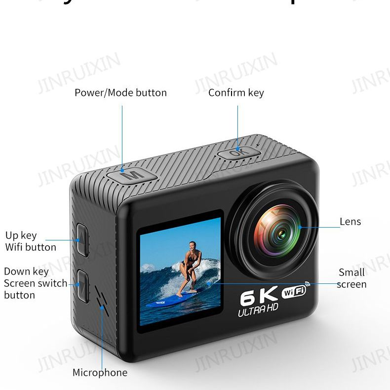 New Cross-Border Action Camera 6K HD Dual Screen Remote Control WiFi Interconnection Eis Anti-Shake Motion DV Camera