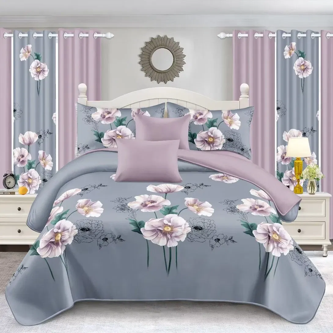 OEM/ODM Guangdong Yellow 11 Pieces Printing Comforter Polyester Cotton Pillowcase Bed Sheets Home Textile Quilted Bedspread Bedding Set with Bedroom Curtain