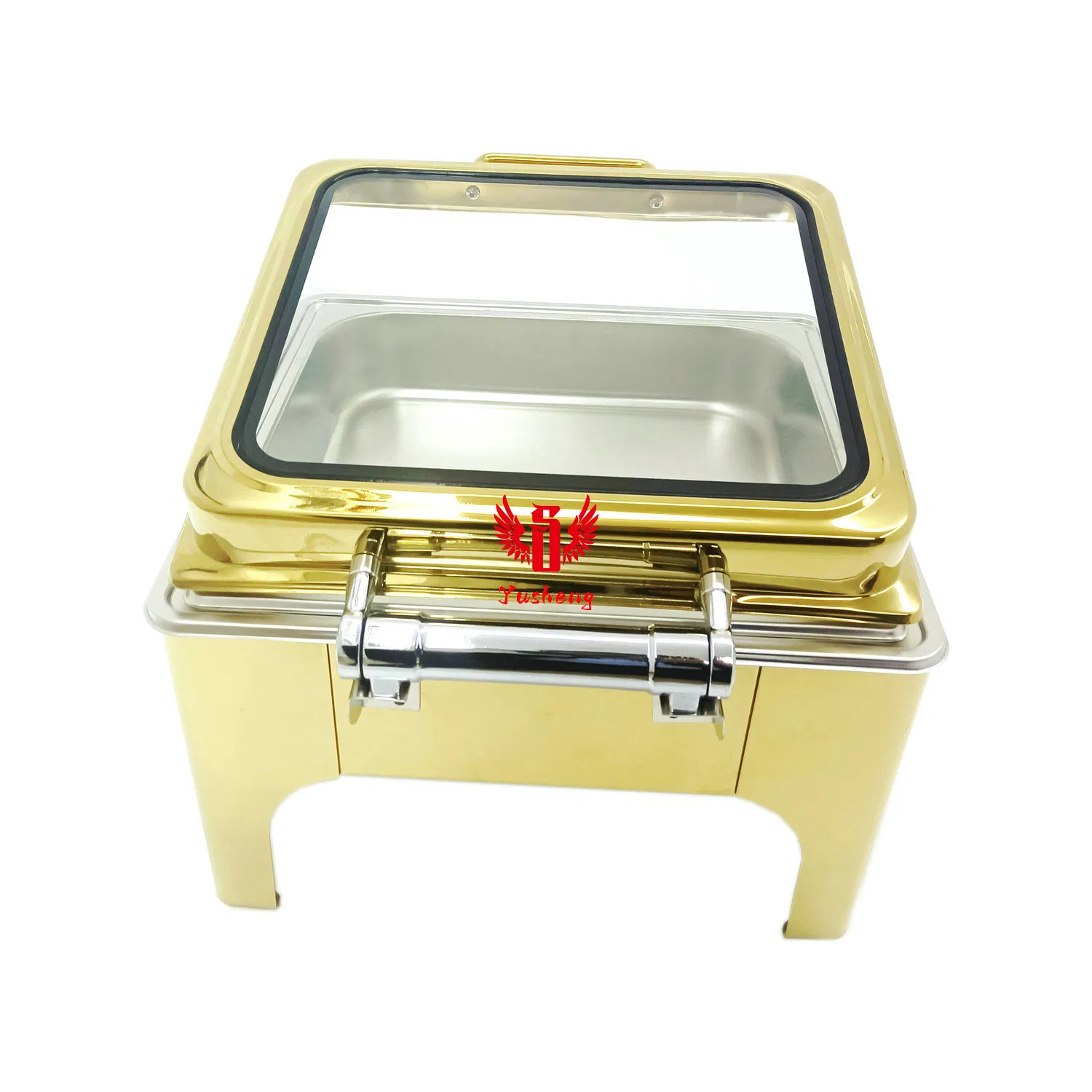 Golden Square High Stand Steel Chafing Buffet Dish China Visible Lid Factory China