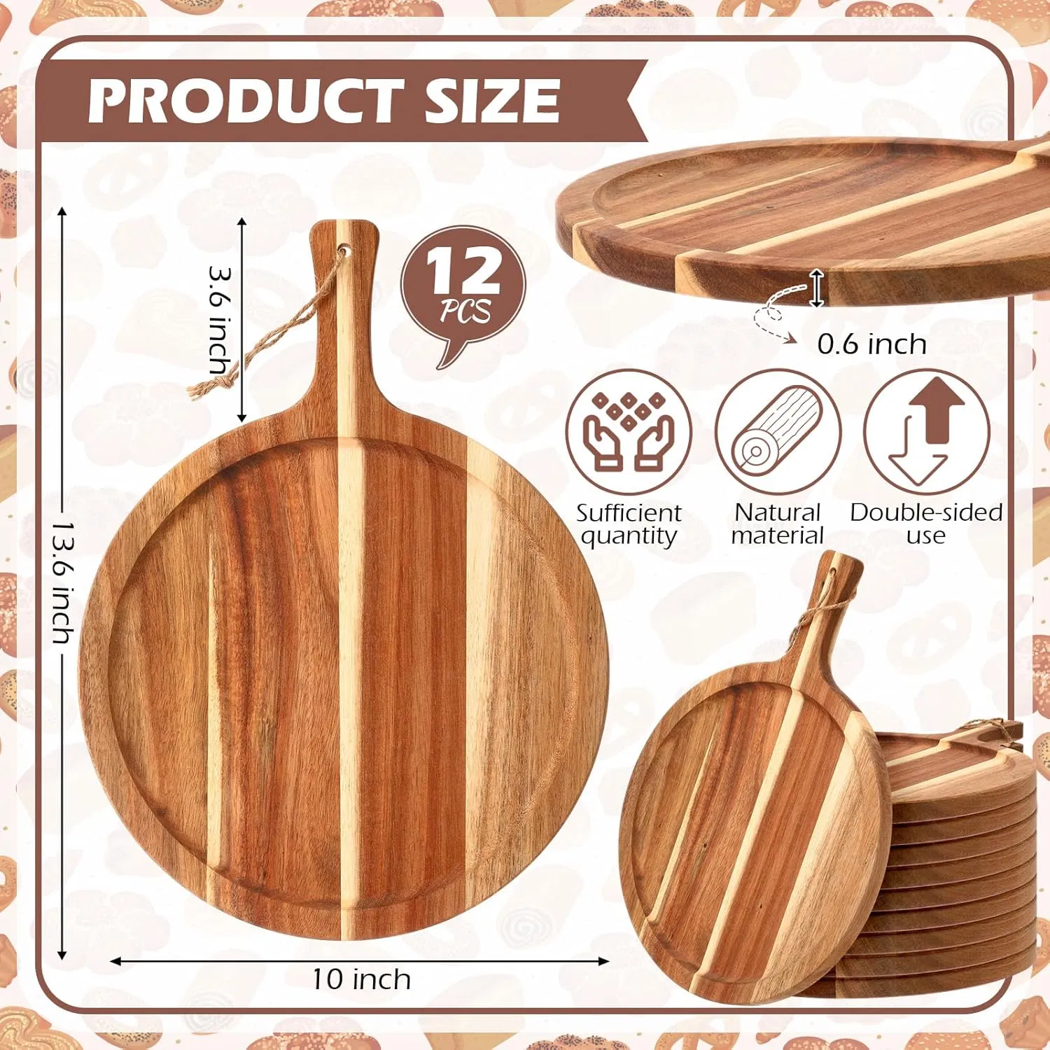 Round Wood Acacia Chopping Boards Cutting Board Serving Tray with Handle for Pizza Bread Cheese Fruit Vegetable