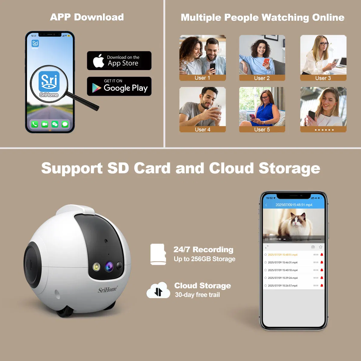 Camera Robot Mini Movable Pet Camera Battery Powered, Mobile Phone APP, Two-Way Call, Night Vision, Motion Detection, Video Recording