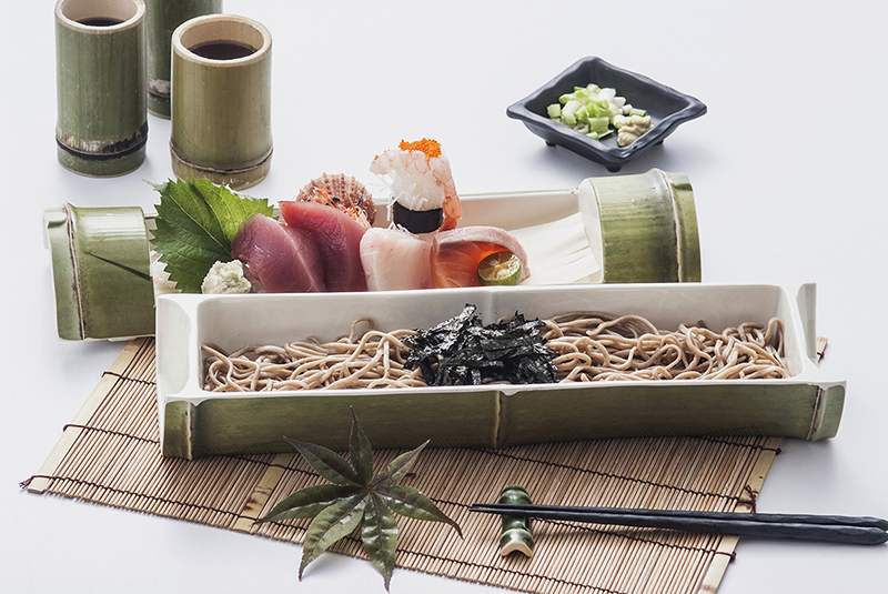 Melamine Green Bamboo Design Japanese Soba Noodles Sushi Serving Plate Sets