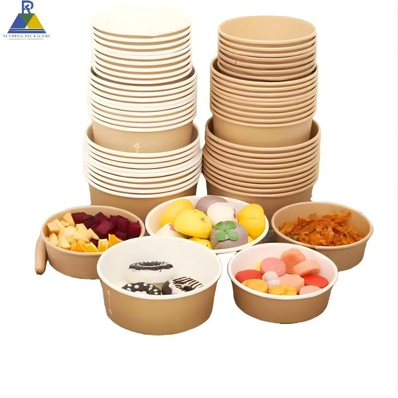 Custom Disposable Kraft Round Paper Bowl Biodegradable Take Away Hot Food Packaging