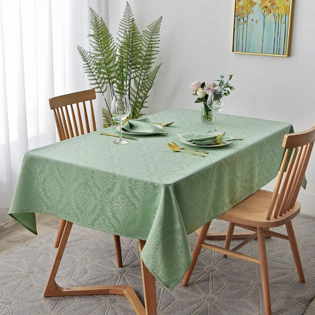 Jacquard Tablecloth Damask Design Water Resistance Antiwrinkle Oil Proof Table Cloth for Buffet Banquet Parties, Green