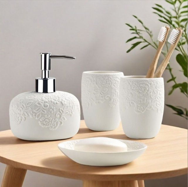 Bathroom Ceramic Toiletry Set 4PCS Dispenser Toothbrush Holder Tumbler Soap Dish