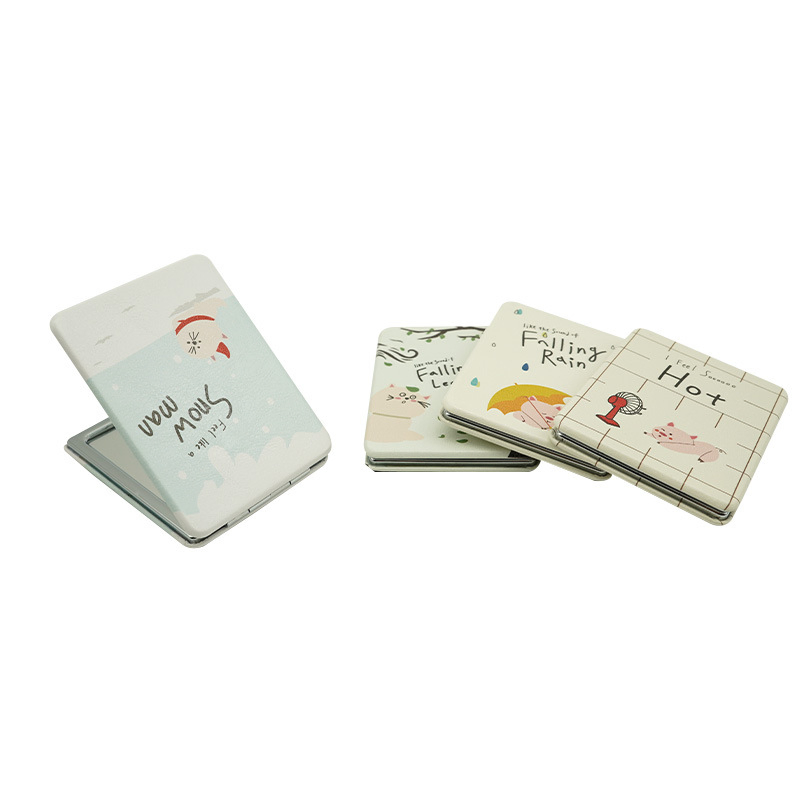 Cute Cartoon PU-Leather Travel Folding Compact Mirror-Printed Flip-Top Square Double-Sided Makeup Mirror for Students