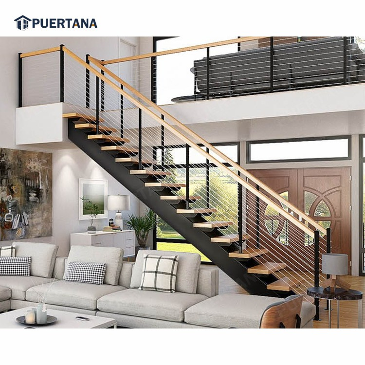 Deluxe Industrial Minimalist Indoor Duplex Straight Staircase Stairs and Modular Stair Case Kits with Wood Treads