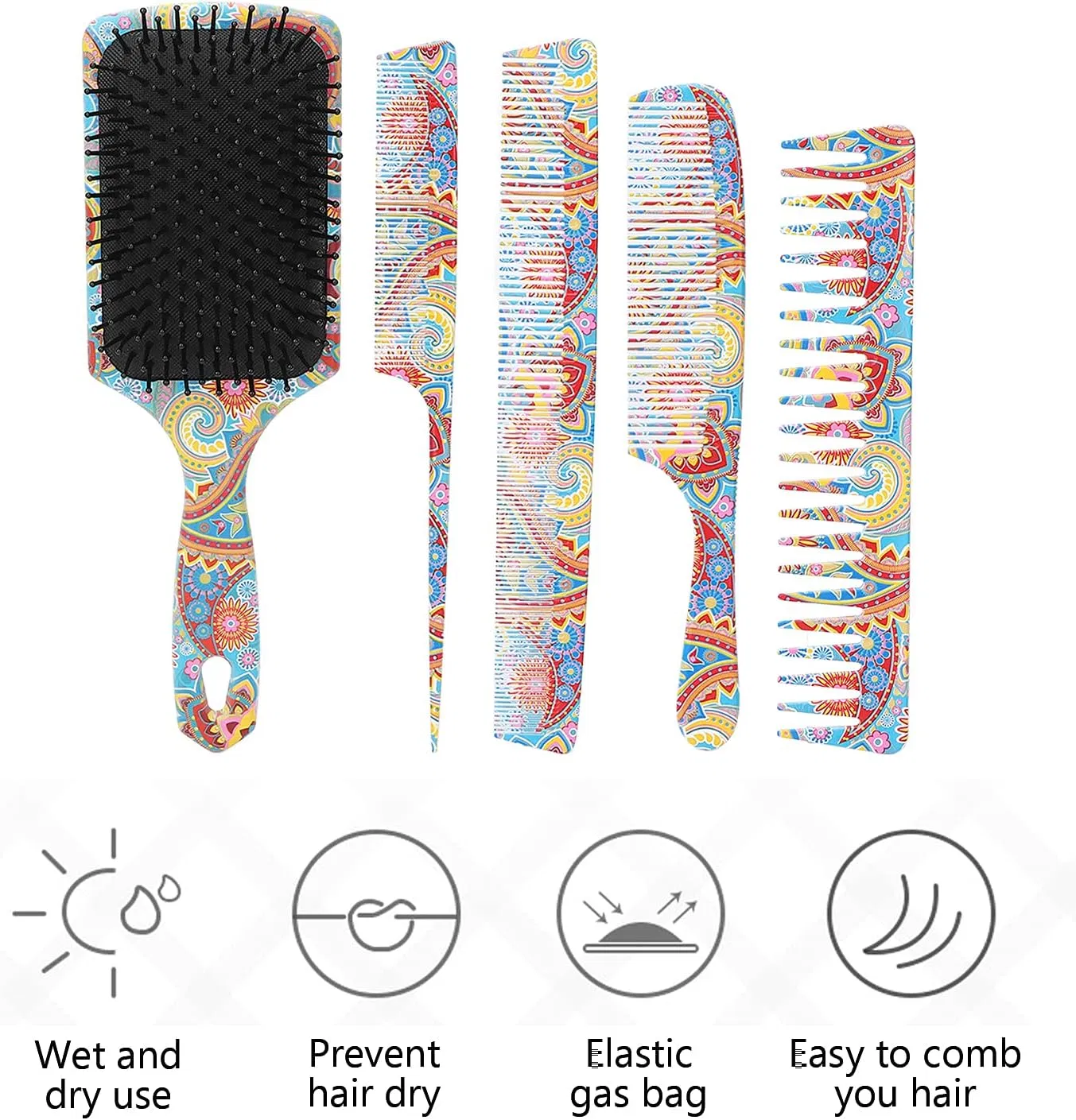 5PCS Hair Brush Comb Set Paddle Brush Tail Comb Wide Fine Teeth Hair Comb