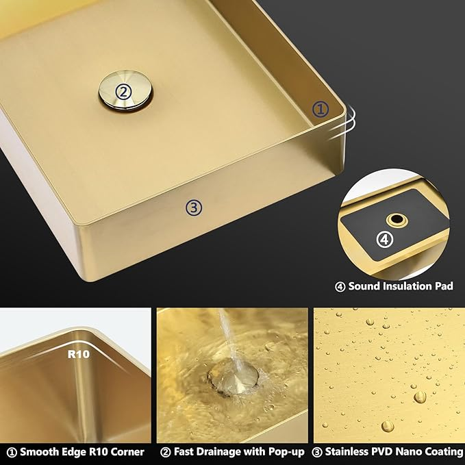 Hot-Sell Useful Golden Bathroom Topmount Washing Basin, 304 Stainless Steel