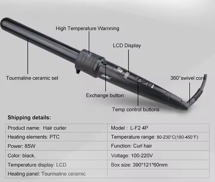 5 in 1 LED Display Interchangeable Tourmaline Ceramic Negative Ion Wave Curling Iron