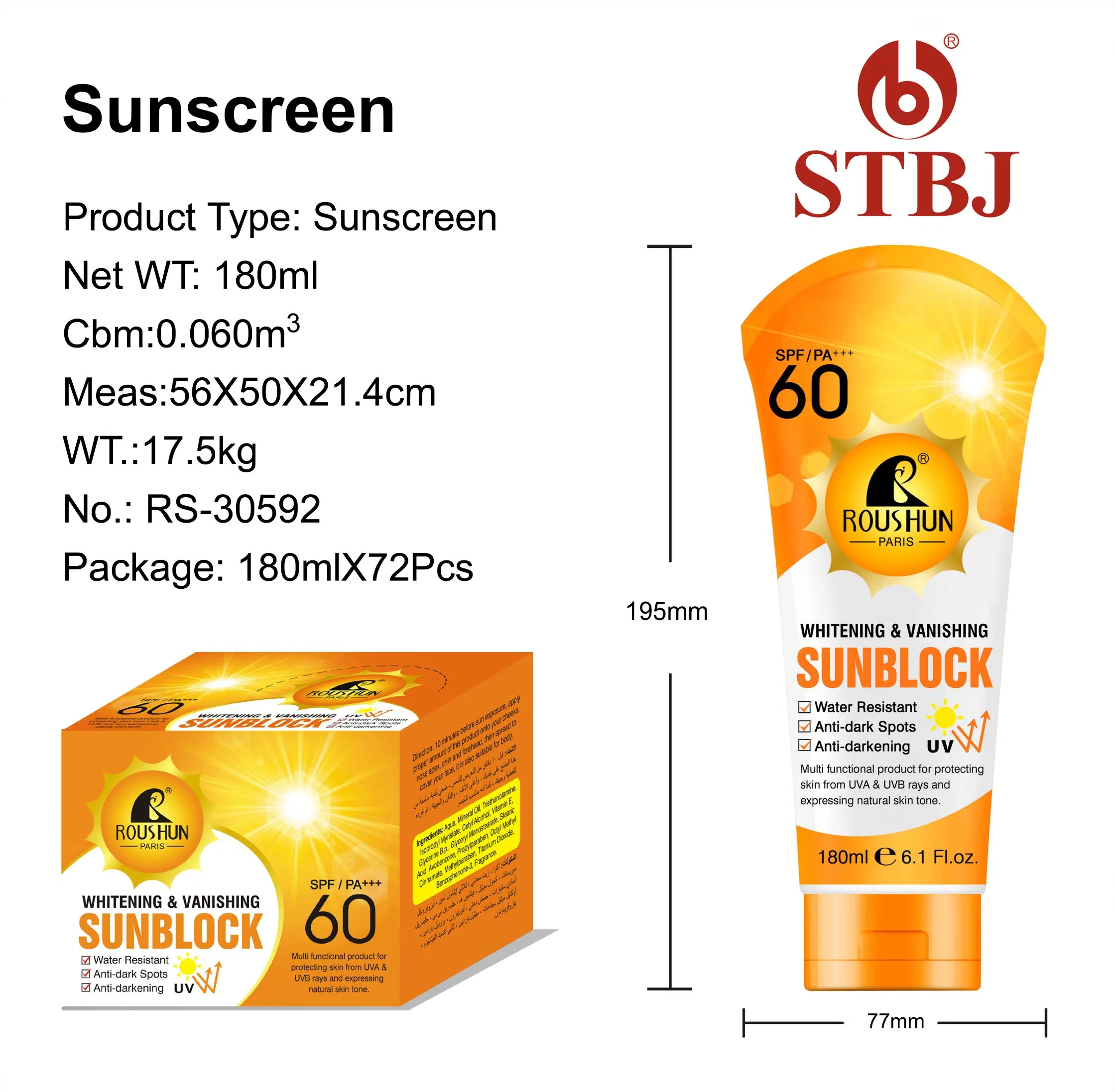 Roushun SPF 60 Whitening Vanishing Sunscreen Water Resistant Anti Dark Spots